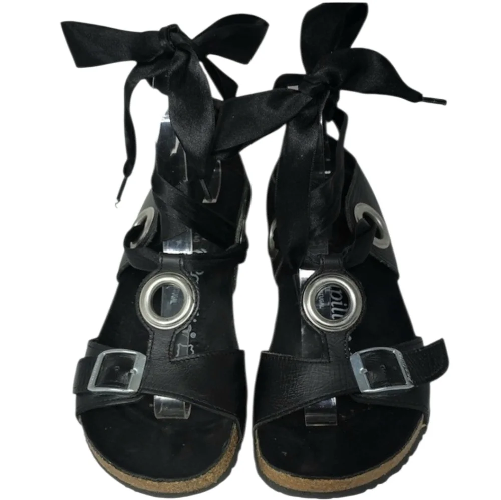 Papillio Birkenstock Black Emmy Leather Ankle Tie Strap Wedge Sandals Size 37‎